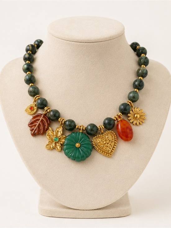 Anthropologie Jewelry - Italian Garden Hazel Green Beaded Gold Necklace